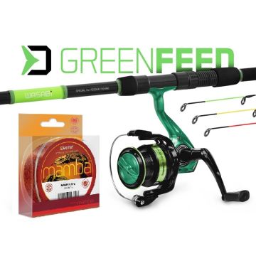 Combo Feeder Delphin GreenFEED, Lanseta Wasabi Feeder NXT, 3.60m, 100g, 3+3buc + Mulineta Elixir 4000 + Fir Kyoto 0.261mm/200m