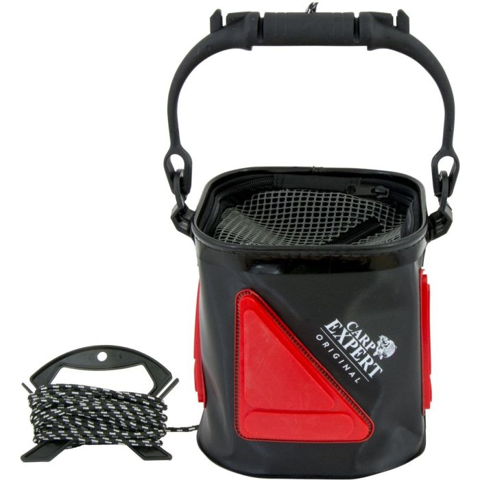 Összecsukható vödör Carp Expert Water Bucket + zsinór/klipsz, piros/fekete, 18x18x22cm