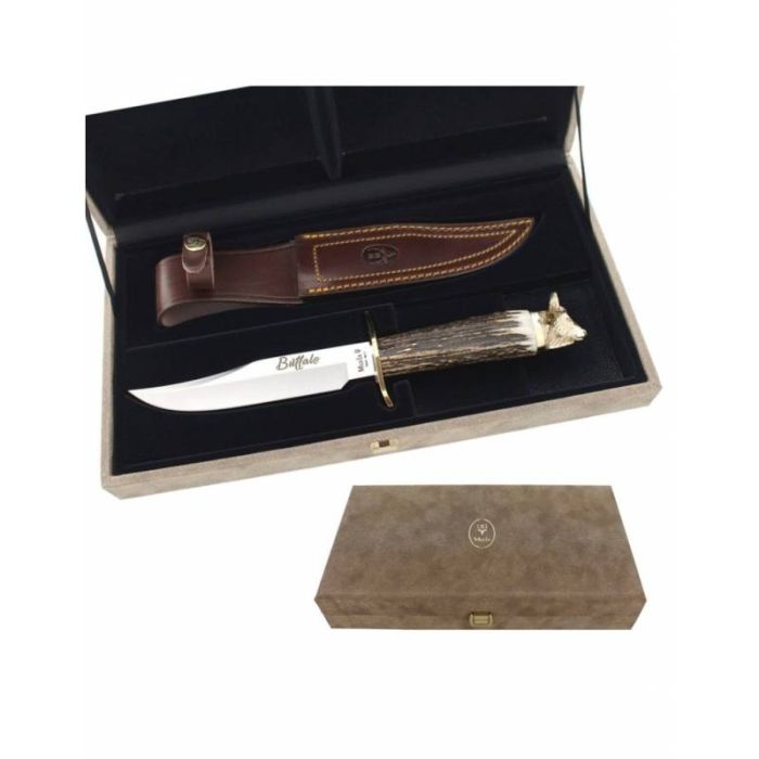 Cutit de Vanatoare Muela BUFFALO-16BF, MoVa Steel, Stag Deer Horn + Teaca Piele + Cutie Lemn 8