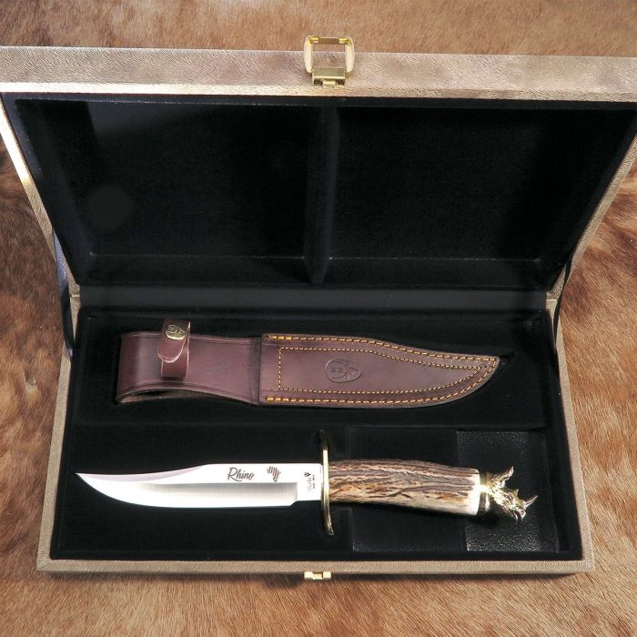 Cutit de Vanatoare Muela RHINO-16BF, MoVa Steel, Stag Deer Horn + Teaca Piele + Cutie Lemn 4